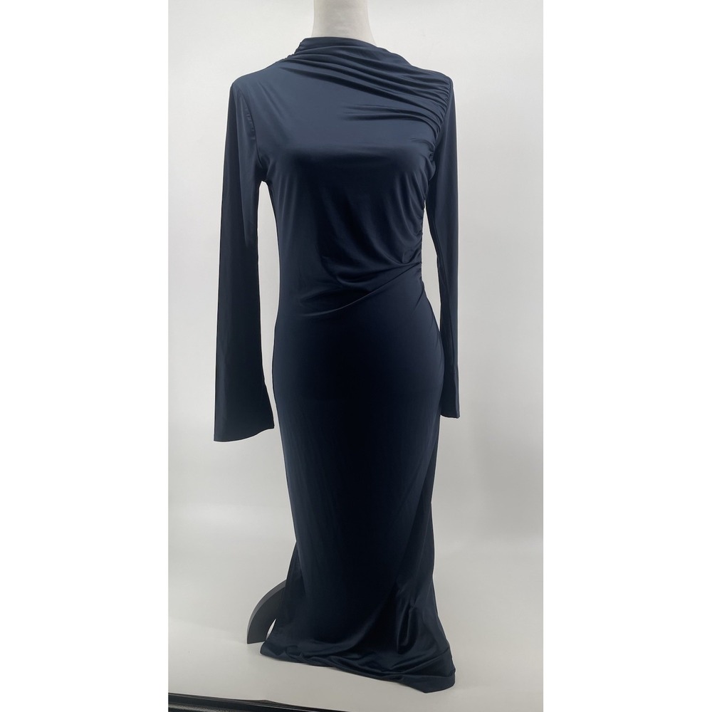 H&M Draped Dress Women's Medium Slight Sheen Navy Blue Bodycon Cocktail Club NEW